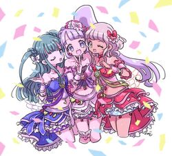  3girls :d arabian_clothes bare_shoulders blue_eyes blue_skirt blunt_bangs bow brown_hair confetti crop_top cropped_legs dancer dark-skinned_female dark_skin frilled_skirt frills green_hair hairbow hand_up idol_clothes long_hair looking_at_viewer manaka_non midriff multiple_girls one_eye_closed open_mouth pink_skirt pretty_series pripara purple_eyes purple_hair red_skirt rituyama1 short_hair short_hair_with_long_locks skirt smile standing taiyo_pepper tsukikawa_chili two_side_up v white_background white_bow yellow_eyes 