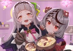  2girls black_coat black_gloves black_hair blush braid breasts cleavage_cutout clothing_cutout coat cropped_shirt food gloves grey_hair hair_bun hair_ornament holding holding_spoon hololive long_hair looking_at_viewer multicolored_hair multiple_girls murasaki_shion murasaki_shion_(1st_costume) mushroom_on_head nail_polish open_mouth red_coat red_eyes red_nails sakamata_chloe sakamata_chloe_(1st_costume) shirt single_braid single_hair_bun small_breasts smile soup spoon streaked_hair striped_clothes striped_shirt teeth tonton_utaro two-sided_coat two-sided_fabric upper_teeth_only vertical-striped_clothes vertical-striped_shirt virtual_youtuber x_hair_ornament yellow_eyes 