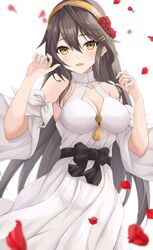  black_hair breasts cleavage cosplay dress female flower gensoukitan hair_flower hair_ornament hairband hairclip haruna_(kancolle) highres kantai_collection kongou_(kancolle) kongou_(kancolle)_(cosplay) long_hair medium_breasts petals rose simple_background solo white_background white_dress yellow_eyes yellow_hairband 