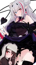  2girls absurdres black_panties body_writing c-ms_(girls&#039;_frontline) c-ms_(to_matka_joanna)_(girls&#039;_frontline) clothes_lift cowboy_shot demon_tail double_bun double_v dress earrings eyeball_earrings finger_to_mouth garter_belt girls&#039;_frontline gloves grey_hair hair_bun halloween halloween_costume head_under_skirt heterochromia highres index_finger_raised jewelry lace-trimmed_panties lace_trim lifting_own_clothes long_hair mdr_(ghost_trap)_(girls&#039;_frontline) mdr_(girls&#039;_frontline) multicolored_clothes multicolored_dress multicolored_hair multiple_girls nail_polish ohichi16 panties pointy_ears single_glove skirt skirt_lift spider_web_print streaked_hair tail under_skirt underwear v vampire 