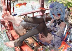  aqua_nails asymmetrical_legwear barefoot black_leggings black_thighhighs blue_dress blue_hair blush closed_mouth commentary commission detached_leggings detached_sleeves double_bun dress english_commentary eyelashes feet feet_up female fish flower flying_fish foot_focus foreshortening full_body gold_trim goldfish hair_between_eyes hair_bun hair_flower hair_ornament highres hugging_own_legs knee_up knees_together_feet_apart leg_up leggings legs long_hair long_sleeves looking_at_viewer mismatched_legwear mixed-language_commentary nail_polish original oriti4 outdoors own_hands_together qiya_(kia_098) red_eyes sitting sleeveless sleeveless_dress soles solo thighhighs toeless_legwear toenail_polish toenails toes very_long_hair water wet wide_sleeves 