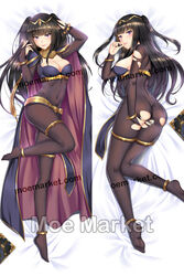  ass black_hair blunt_bangs bodystocking bracelet breasts bridal_gauntlets cape circlet cleavage covered_navel dakimakura_(medium) female fire_emblem fire_emblem_awakening jewelry large_breasts long_hair multiple_views purple_eyes skin_tight tharja_(fire_emblem) tiara torn_bodystocking torn_clothes yuj_(moemarket) 