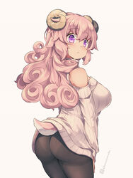  animal_ears ass bare_shoulders black_pantyhose breasts closed_mouth commentary_request cowboy_shot curly_hair female from_behind grey_background hair_between_eyes horns kuromiya kuzakura_mika_(kuromiya) large_breasts long_hair looking_at_viewer looking_back original pantyhose pink_hair purple_eyes ribbed_sweater sheep_ears sheep_girl sheep_horns sheep_tail short_tail simple_background solo sweater tail twitter_username very_long_hair white_sweater 