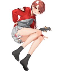  apron ass bandages black_socks braid female fish fish_(food) food full_body hood hoodie hoshiakari_(c2_kikan) kantai_collection legs long_hair long_sleeves nevada_(kancolle) official_art plate pleated_skirt red_eyes red_hair red_hoodie saury skirt skirt_tug slippers socks solo transparent_background 