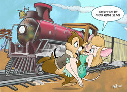  2005 anthro black_nose blonde_hair bottomless bound brown_body brown_fur chip_&#039;n_dale_rescue_rangers chip_(disney) chipmunk chris_fischer clothed clothing disney dress duo english_text female fur gadget_hackwrench ground_squirrel hair hi_res locomotive long_hair male male/female mammal mouse murid murine open_clothing open_shirt open_topwear pink_nose rodent sciurid shirt steam_locomotive tail tan_body tan_fur text topwear train vehicle 