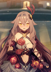  absurdres arm_wrap bare_shoulders black_dress black_hairband blurry blurry_background breasts brown_hair candy clothing_cutout commentary_request depth_of_field dress female food gloves hair_between_eyes hairband hand_wraps highres holding holding_candy holding_food holding_lollipop honkai_(series) honkai_impact_3rd lollipop long_hair looking_at_viewer medium_breasts navel navel_cutout outdoors parted_lips red_gloves signature single_glove sirin sirin_(miracle_magical_girl) solo swirl_lollipop very_long_hair wavy_mouth welt_(kinsei_koutenkyoku) yellow_eyes 