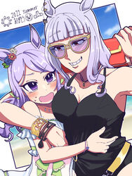  2022 2girls alternate_costume animal_ears beach bikini black_tank_top blue_flower blue_rose blurry blurry_background blush bracelet breasts brown-framed_eyewear commentary_request crying_emoji dress dress_swimsuit dutch_angle emoji flower frilled_bikini frills gold_ship_(run_revolt_launcher)_(umamusume) gold_ship_(umamusume) grin hair_flower hair_ornament highres horse_ears horse_girl hug jewelry large_breasts long_hair looking_at_another looking_to_the_side medium_bangs mejiro_mcqueen_(ripple_fairlady)_(umamusume) mejiro_mcqueen_(umamusume) multiple_girls open_mouth pink_flower purple-tinted_eyewear purple_eyes purple_hair rose satou_(ultrmngrtsrt) see-through see-through_dress smile sunglasses swept_bangs swimsuit tank_top tinted_eyewear translation_request umamusume upper_body white_bikini white_flower white_rose 