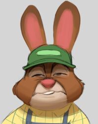  2023 anthro brown_body brown_eyes brown_fur bust_portrait clothed clothing disney displeased eyebrows fur grey_background hat headgear headwear lagomorph leporid long_ears male mammal multicolored_body multicolored_fur narrowed_eyes portrait rabbit reaction_image reaction_shot simple_background solo stu_hopps tan_body tan_fur thehumancopier topwear two_tone_body two_tone_fur zootopia 