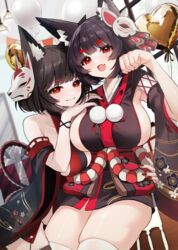  2girls absurdres animal_ear_fluff animal_ears azur_lane balloon black_hair black_kimono box breasts cat_ears closed_mouth collarbone commentary_request detached_sleeves dual_persona fox_mask gift gift_box heart_balloon highres huge_breasts japanese_clothes kimono looking_at_viewer mask multiple_girls nail_polish obi oerba_yun_fang open_mouth paw_pose pom_pom_(clothes) red_eyes red_nails sash short_hair short_kimono sideboob sideless_kimono skin_fang skindentation smile thick_eyebrows thighhighs thighs white_thighhighs yamaha_tsui yamashiro_(azur_lane) yamashiro_(meta)_(azur_lane) 