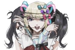  ame-chan_(needy_girl_overdose) black_eyes black_hair black_ribbon blonde_hair blue_bow blue_eyes blue_hair blue_shirt body_horror bow chouzetsusaikawa_tenshi-chan collared_shirt commentary constricted_pupils crazy_smile dual_persona female hair_ornament hairbow hands_up heart heart_hair_ornament highres long_hair long_sleeves looking_at_viewer multicolored_hair muted_color needy_girl_overdose open_mouth pink_bow pink_hair purple_bow quad_tails ribbon sailor_collar sanmanako shedding shedding_skin shirt simple_background smile solo split_head twintails upper_body white_background 