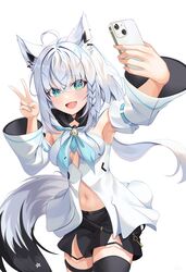  :d absurdres ahoge animal_ear_piercing animal_ears aqua_eyes arm_up armpits black_shorts black_thighhighs blue_neckerchief blush braid breasts breasts_apart cellphone commentary_request detached_sleeves female fox_ears fox_girl fox_tail front_slit hair_between_eyes highres holding holding_phone hololive hood hooded_vest hoodie jin_kemi long_hair looking_at_viewer medium_breasts navel neckerchief no_bra open_mouth pentagram phone selfie shirakami_fubuki shirakami_fubuki_(1st_costume) short_shorts shorts side_braid sidelocks simple_background single_thighhigh smartphone smile solo strapless tail taking_picture thigh_strap thighhighs v very_long_hair vest virtual_youtuber white_background white_hair white_sleeves wide_sleeves 