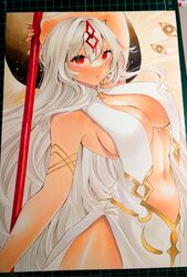  angel_wings azur_lane breast_curtains breasts center_opening dark-skinned_female dark_skin dress female hair_between_eyes highres jewelry large_breasts long_hair looking_at_viewer marker_(medium) mimi_(mini1474) navel parted_lips photo_(medium) red_eyes revealing_clothes sao_martinho_(azur_lane) solo stomach traditional_media white_dress white_hair white_wings wings 