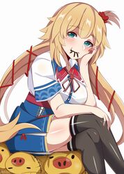  absurdres akai_haato akai_haato_(1st_costume) black_thighhighs blonde_hair blue_eyes blue_skirt blush breasts bug collared_shirt dvljoe eating_bugs female haaton_(akai_haato) hair_ornament hair_ribbon hand_on_knees head_rest heart heart_hair_ornament highres hololive looking_at_viewer red_ribbon ribbon shirt side_ponytail skirt smile spider thighhighs twintails twitter_username virtual_youtuber white_shirt 