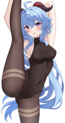  ahoge armpits arms_up bell black_leotard blue_hair blush bodystocking breasts brown_pantyhose covered_navel female ganyu_(genshin_impact) genshin_impact highres horns kneepits leg_lift leg_up leotard leotard_under_clothes long_hair looking_at_viewer low_ponytail medium_breasts neck_bell nyuu_(pixiv12143565) open_mouth pantyhose purple_eyes sidelocks solo split standing standing_on_one_leg standing_split thighlet thighs white_background 