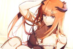  arknights bagpipe_(arknights) bra breasts cleavage dragon_girl dragon_horns female hand_in_own_hair highres horns large_breasts long_hair looking_at_viewer orange_hair purple_eyes qinglai_haiji simple_background solo underwear upper_body white_background 