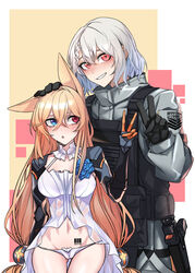  2girls absurdres animal_ears ass_visible_through_thighs babydoll barcode barcode_tattoo black_gloves blue_eyes blue_flower braid breasts bulletproof_vest collarbone commentary_request commission dog_ears dogs_(dlrkdejr26) female_commander_(girls&#039;_frontline) flower g41_(girls&#039;_frontline) girls&#039;_frontline gloves griffin_&amp;_kryuger gun hair_between_eyes hand_on_another&#039;s_head handgun hands_up hazmat_suit heterochromia highres holster korean_commentary long_hair looking_at_another looking_at_viewer low_twintails mechanical_arms medium_breasts medium_hair multiple_girls navel panties pouch red_eyes see-through showgirl_skirt smile stomach tattoo thigh_holster twintails underwear upper_body v very_long_hair weapon white_babydoll white_hair white_panties 