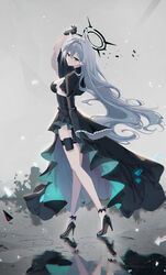  absurdres animal_ears black_dress black_footwear black_gloves blue_archive blue_eyes breasts closed_mouth cross_hair_ornament dark_halo dress extra_ears feint721 female full_body gloves grey_hair hair_between_eyes hair_ornament halo high_heels highres large_breasts long_hair long_sleeves mismatched_pupils shiroko_(blue_archive) shiroko_terror_(blue_archive) solo white_background wide_sleeves wolf_ears 