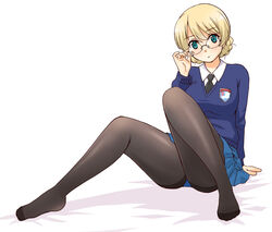  adjusting_eyewear arm_support bespectacled black_necktie black_pantyhose blonde_hair blue_eyes blue_skirt blue_sweater blush braid breasts collared_shirt darjeeling_(girls_und_panzer) emblem feet female french_braid girls_und_panzer glasses legs long_sleeves looking_at_viewer necktie no_shoes pantyhose pleated_skirt school_uniform shirt sitting skirt smile solo st._gloriana&#039;s_(emblem) st._gloriana&#039;s_school_uniform sweater swept_bangs thighband_pantyhose thighs tights_day toes uona_telepin white_background white_shirt 