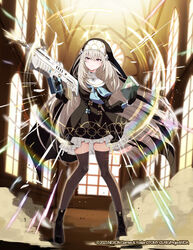  black_footwear black_gloves black_headwear blue_archive book boots breasts brown_thighhighs closed_mouth dress female frills full_body gloves grey_hair gun habit hair_between_eyes hat holding holding_book holding_gun holding_weapon long_hair long_sleeves medium_breasts neckerchief nun official_art sakurako_(blue_archive) shoes short_dress smoke solo standing thighhighs very_long_hair weapon wixoss yon_(letter) zettai_ryouiki 