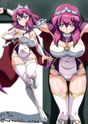  blue_eyes boots breasts collar covered_navel crown dated female henrietta_de_tristain holding holding_staff large_breasts leotard long_hair looking_at_viewer multiple_views nafta open_mouth purple_hair restrained staff thighhighs white_thighhighs zero_no_tsukaima 