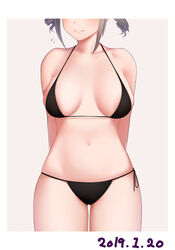  alternate_costume arms_behind_back bikini black_bikini blush border breasts breasts_apart collarbone dated female flying_sweatdrops grey_hair halterneck head_out_of_frame highres idolmaster idolmaster_cinderella_girls kanzaki_ranko large_breasts navel photo_(object) senju_(snz0) side-tie_bikini_bottom sidelocks simple_background solo stomach string_bikini swimsuit white_border 