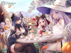  5girls absurdres ahoge august_von_parseval_(azur_lane) azur_lane black_thighhighs blue_eyes blue_hair breasts brest_(azur_lane) closed_mouth commentary_request copyright_name copyright_notice day detached_sleeves dress erebus_(azur_lane) glasses gloves green_eyes guichen_(azur_lane) hair_over_one_eye hat hi-na1 highres l&#039;opiniatre_(azur_lane) large_breasts long_hair long_sleeves looking_at_another looking_at_viewer multiple_girls official_art one_eye_covered outdoors parted_lips pointy_ears purple_gloves purple_hair red_eyes second-party_source sitting smile star_(symbol) thighhighs white_dress white_gloves white_hair white_headwear white_thighhighs witch_hat 