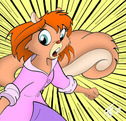  2006 anthro blue_eyes brown_body brown_fur chip_&#039;n_dale_rescue_rangers chris_fischer clothed clothing disney female fluffy fluffy_tail fur hair mammal motion_lines open_mouth orange_hair red_nose rodent sciurid solo tail tammy_squirrel teeth tree_squirrel 