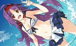  :d ahoge armpits bare_arms bare_shoulders bikini blue_sky bow breasts cleavage cloud cloudy_sky collarbone day feet_out_of_frame female hairband hand_up highres long_hair navel open_mouth outdoors parted_bangs pointy_ears purple_hair red_eyes red_hairband shikei sideways sky small_breasts smile solo stomach swimsuit sword_art_online thighs very_long_hair water white_bow yuuki_(sao) 