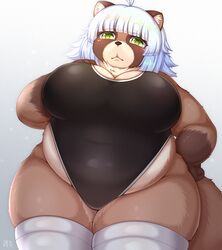  2023 :&lt; ahoge anthro belly big_breasts biped black_clothing black_swimwear blush breasts brown_body brown_ears brown_fur brown_inner_ear brown_nose brown_tail canid canine cleavage clothed clothing colored countershade_face countershade_fur countershade_torso countershading curvy_figure digital_media_(artwork) eyelashes female female_anthro fingers fluffy fluffy_tail front_view fully_clothed fur glistening glistening_body glistening_clothing glistening_eyes glistening_fur glistening_hair gloves_(marking) gradient_background green_eyes green_pupils hair hand_on_breast hand_on_hip hi_res huge_breasts humanoid_hands inner_ear_fluff kemono legwear looking_at_viewer mammal markings monotone_hair monotone_tail multicolored_body multicolored_fur navel_outline neck_tuft one-piece_swimsuit overweight overweight_anthro overweight_female portrait pupils raccoon_dog shaded shibaemonxsk short_hair simple_background skindentation solo standing swimwear tail tan_body tan_countershading tan_fur tanuki thick_thighs thigh_highs three-quarter_portrait tuft voluptuous white_clothing white_hair white_inner_ear_fluff white_legwear white_thigh_highs wide_hips 