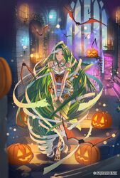  bandages bare_shoulders bat_(animal) blush bound bound_arms bound_wrists bow breasts candle character_request cleavage collarbone copyright_notice eyelashes feet female forehead gladiator_sandals gold_footwear gold_trim green_eyes green_hair hara_kenshi highres indoors jack-o&#039;-lantern leaning_forward legs long_hair medium_breasts midriff nail_polish orange_bow orange_ribbon parted_bangs parted_lips ribbon romancing_saga_re;universe saga sandals solo striped striped_bow striped_ribbon toenail_polish toenails toes very_long_hair window 