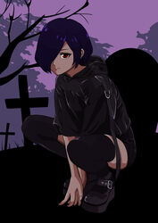  absurdres black_footwear black_hoodie black_thighhighs closed_mouth female graveyard hair_over_one_eye highres hood hood_down hoodie kirishima_touka looking_at_viewer ma_bo_do_hugozen own_hands_together purple_hair red_eyes short_hair solo squatting thighhighs tokyo_ghoul tree 