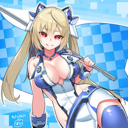  arm_support baniran_dorosu blonde_hair blue_flag blue_leotard blue_thighhighs bracelet breasts center_opening checkered_flag cleavage commentary_request commission cowboy_shot female flag grin hair_between_eyes hair_ornament highleg highleg_leotard highres holding holding_flag jewelry large_breasts leaning_to_the_side leotard long_hair looking_at_viewer numako_(pizza_kanon) original partial_commentary phantasy_star phantasy_star_online_2 protagonist_(pso2) race_queen red_eyes skeb_commission skirt smile solo thighhighs two-tone_leotard two_side_up very_long_hair white_leotard white_skirt zipper zipper_pull_tab 