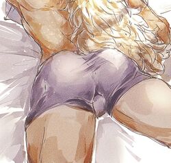  1boy ame_ekai ass ass_focus bara blonde_hair boxers bulge feet_out_of_frame from_above highres killer_(one_piece) long_hair lower_body lying male_focus male_underwear muscular muscular_male on_bed on_stomach one_piece purple_male_underwear solo thighs underwear very_long_hair 