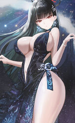  absurdres alternate_costume black_dress black_hair blue_archive bracelet breasts commentary dress earrings egoswans female halo highres jewelry large_breasts long_hair navel plunging_neckline red_eyes rio_(blue_archive) side_slit sideboob solo thighs very_long_hair 