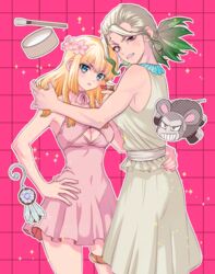  2girls bare_arms blonde_hair blue_eyes breasts cleavage cleavage_cutout clenched_teeth clothing_cutout cosmetics covered_navel cowboy_shot crossdressing dr._stone dress genderswap_(mtf) gradient_hair green_hair hand_on_another&#039;s_hip hand_on_own_hip holding holding_lipstick_tube ishigami_senkuu kohaku_(dr._stone) lipstick_tube long_hair looking_at_viewer medium_breasts multicolored_hair multiple_girls nail_polish ninomae_gin parted_lips pink_background pink_dress pink_nails ponytail red_eyes rule_63 short_dress sleeveless sleeveless_dress standing sweatdrop teeth thigh_strap white_dress white_hair 