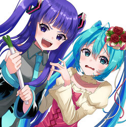  2girls \||/ absurdres alternate_costume aqua_eyes aqua_hair aqua_necktie bare_shoulders black_sleeves blunt_bangs bow bowtie commission cosplay costume_switch detached_sleeves doyagao dress flower food frilled_dress frills furudo_erika furudo_erika_(cosplay) hair_flower hair_ornament hatsune_miku hatsune_miku_(cosplay) highres holding holding_food holding_spring_onion holding_vegetable juliet_sleeves long_hair long_sleeves looking_at_viewer multiple_girls necktie open_mouth pixiv_commission puffy_long_sleeves puffy_sleeves purple_eyes purple_hair shirt sleeveless sleeveless_shirt smug spring_onion tatyaoekaki teeth tie_clip twintails umineko_no_naku_koro_ni upper_teeth_only vegetable very_long_hair vocaloid wavy_mouth 