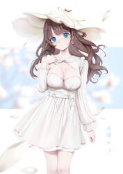  :o absurdres blue_eyes breasts brown_hair character_request cleavage copyright_request dress earrings female frilled_dress frills green_ribbons hair_ribbon hand_on_own_chest highres jewelry large_breasts long_hair long_sleeves looking_at_viewer ribbon solo teddyellow underbust white_dress white_headwear wind 