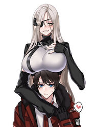  1boy alchemist_(girls&#039;_frontline) black_gloves black_nails blue_eyes blush breasts brown_hair closed_mouth collared_shirt commander_(girls&#039;_frontline) commission commissioner_upload couple crop_top detached_sleeves dogs_(dlrkdejr26) eyepatch female fingerless_gloves framed_breasts fur-trimmed_jacket fur_trim girls&#039;_frontline gloves grey_background griffin_&amp;_kryuger hair_ornament hand_grab hand_up heart highres hood hood_down hooded_jacket jacket jewelry journey_in_the_auspicious_snow_(girls&#039;_frontline) large_breasts long_hair long_sleeves looking_at_viewer mole mole_under_eye nail_polish necktie non-web_source open_mouth red_jacket red_necktie ring sangvis_ferri shirt short_hair simple_background straight sweatdrop upper_body very_long_hair wedding_ring white_hair white_shirt yellow_eyes 