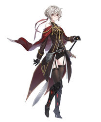  absurdres bare_shoulders belt belt_buckle black_gloves braid breasts buckle controlline3 counter:side female genderswap_(mtf) gloves grey_hair highres looking_at_viewer medium_breasts ray_(counter:side) rule_63 solo sword thighhighs weapon white_background 