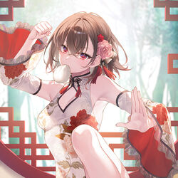  armpits baozi bare_shoulders black_hair breasts china_dress chinese_clothes closed_mouth cropped crossed_bangs detached_sleeves dress female flower food food_in_mouth hair_between_eyes hair_flower hair_ornament hands_up leg_up long_sleeves looking_at_viewer medium_breasts novel_illustration official_art pink_flower red_eyes red_flower seiken_gakuin_no_maken_tsukai shary_corvette short_hair solo toosaka_asagi wide_sleeves 