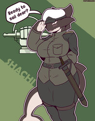  2023 absurd_res anthro black_body blush breasts cetacean clothed clothing curvy_figure dolphin english_text female foxhole:_persistant_online_warfare gesture hand_behind_back hat headgear headwear hi_res mammal marine melee_weapon military oceanic_dolphin open_mouth orca portrait question_mark salute shachi_(the_man) solo speech_bubble sword text the_man thick_thighs three-quarter_portrait toothed_whale voluptuous weapon white_body wide_hips 