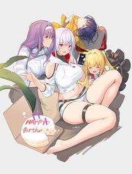  4girls aeri_(closers) artist_name barefoot birthday_cake black_hair blonde_hair blue_eyes cake cellphone closed_eyes closers clothing_cutout commentary cropped_hoodie eunha_(closers) food hairband happy_birthday highres holding holding_phone hood hood_down hoodie long_hair looking_at_viewer lucy_(closers) mirae_(closers) multiple_girls navel o-ring o-ring_thigh_strap open_mouth phone purple_hair red_eyes short_shorts shorts shoulder_cutout simple_background sitting smartphone swd3e2 symbol-only_commentary thigh_strap white_background white_hair white_hairband white_hoodie white_shorts 