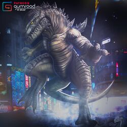  1:1 3_toes 4_fingers anthro artist_logo artist_name building city claws digital_media_(artwork) drakaar featureless_crotch feet fingers godzilla godzilla_(series) grey_body grey_scales gumroad gumroad_logo hi_res logo male night outside patreon pecs pupils scales scalie semi-anthro signature slit_pupils solo spikes standing tail tailbutt toes toho yellow_eyes zilla 