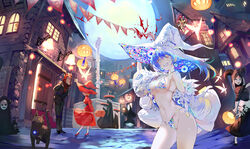  3girls absurdres bat_(animal) bikini black_dress blue_hair broom demon demon_girl demon_horns detached_sleeves dress facial_mark fairy fantasy feline forehead_mark full_moon grin halloween hat highres horns house huge_moon jack-o&#039;-lantern living_clothes mask micro_bikini mont_blanca moon multiple_girls off_shoulder one_eye_closed original red_dress red_headwear short_hair smile string_of_flags suit swimsuit too_many_eyes wide_sleeves witch witch_hat 