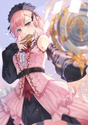  astrologian_(final_fantasy) belt black_belt black_headdress blue_eyes card detached_sleeves dutch_angle earrings female final_fantasy final_fantasy_xiv gloves half_gloves highres holding holding_card jewelry khr_39 looking_at_viewer pink_hair solo warrior_of_light_(ff14) 