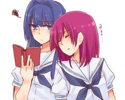  2girls blue_hair blush book closed_eyes commentary_request hirose_sumire kusugaya long_hair miyanaga_teru multiple_girls reading red_hair saki_(manga) school_uniform shiraitodai_school_uniform short_hair sleeping 