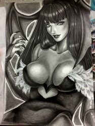  absurdres bad_id bad_pixiv_id bare_shoulders breasts claws cleavage cleavage_cutout clothing_cutout collarbone commentary drawing_(object) feather_trim female graphite_(medium) greyscale head_wings highres inuono_mama large_breasts leotard lips long_hair looking_at_viewer monochrome morrigan_aensland navel pantyhose parted_lips photo_(medium) solo traditional_media vampire_(game) wings 