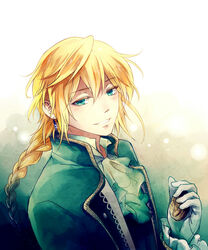  1boy blonde_hair bow braid commentary earrings formal green_eyes jack_vessalius jewelry long_hair male_focus pandora_hearts pocket_watch smile solo upper_body watch winniconan 