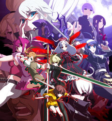  6+boys 6+girls ahoge black_hair blonde_hair box_art brown_hair byakuya_(under_night_in-birth) carmine_(under_night_in-birth) chaos_(under_night_in-birth) crop_top dual_wielding everyone full_moon glasses gordeau_(under_night_in-birth) green_eyes hilda_(under_night_in-birth) holding huge_ahoge huge_weapon kido_hyde knife linne_(under_night_in-birth) merkava_(under_night_in-birth) midriff moon multicolored_hair multiple_boys multiple_girls nanase_(under_night_in-birth) official_art orie_ballardiae_harada purple_eyes purple_hair rapier red-framed_eyewear red_eyes reverse_grip school_uniform scythe semi-rimless_eyewear short_hair smile sword tsukuyomi_(under_night_in-birth) twintails two-tone_hair under-rim_eyewear under_night_in-birth vatista_(under_night_in-birth) waldstein_(under_night_in-birth) weapon white_hair yoshihara_seiichi yuzuriha_(under_night_in-birth) 