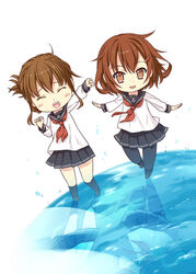  2girls chibi commentary_request folded_ponytail ikazuchi_(kancolle) inazuma_(kancolle) kantai_collection multiple_girls pantyhose reflection school_uniform serafuku standing standing_on_liquid takigawa_yuu water 